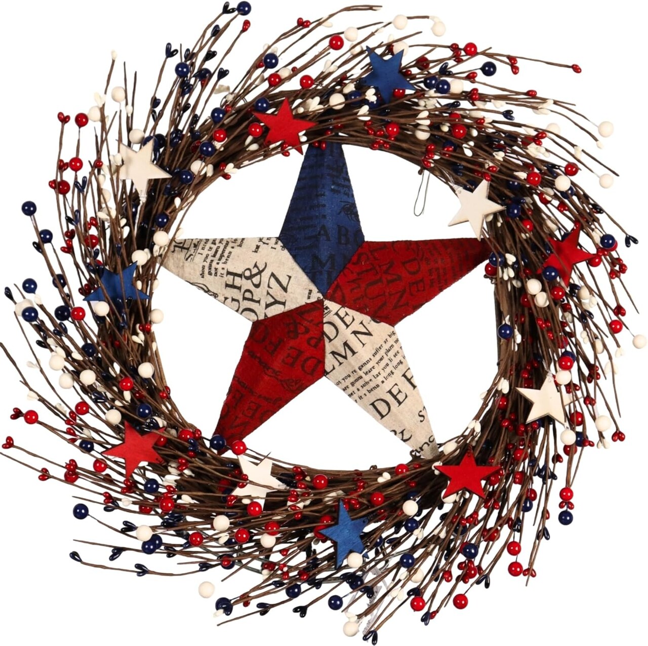 22-Inch Artificial Patriotic Wreath – 4th of July Decoration with Berries and Stars for Front Door, Wall, Indoor & Outdoor Use